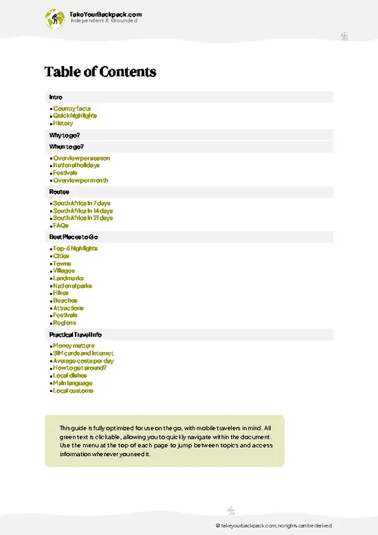 example page 2 from our offline Travel Guide for South Africa